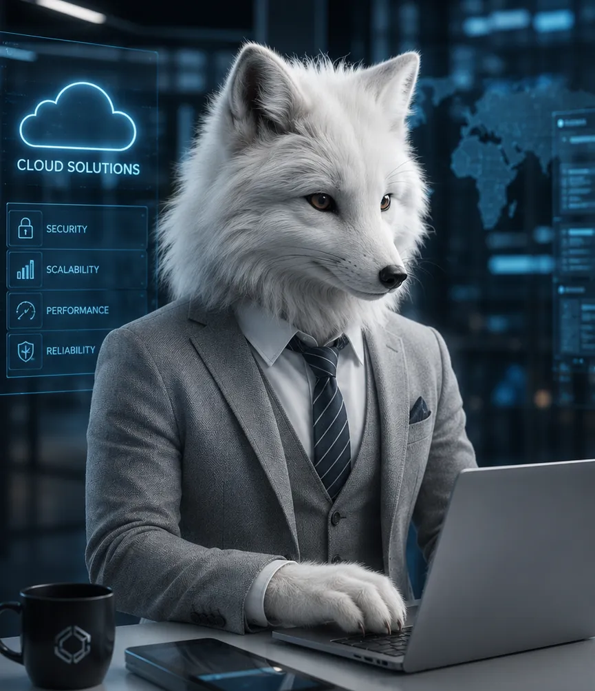 Frozen the arctic fox working at a laptop with cloud security tools
