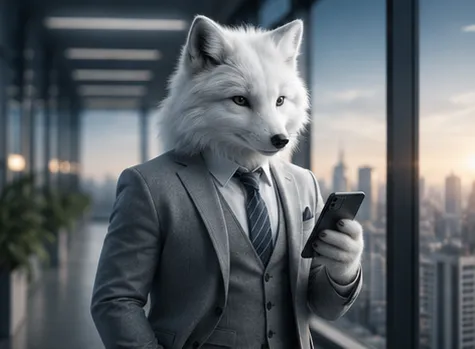 Frozen the arctic fox on a mobile call with a city skyline behind him