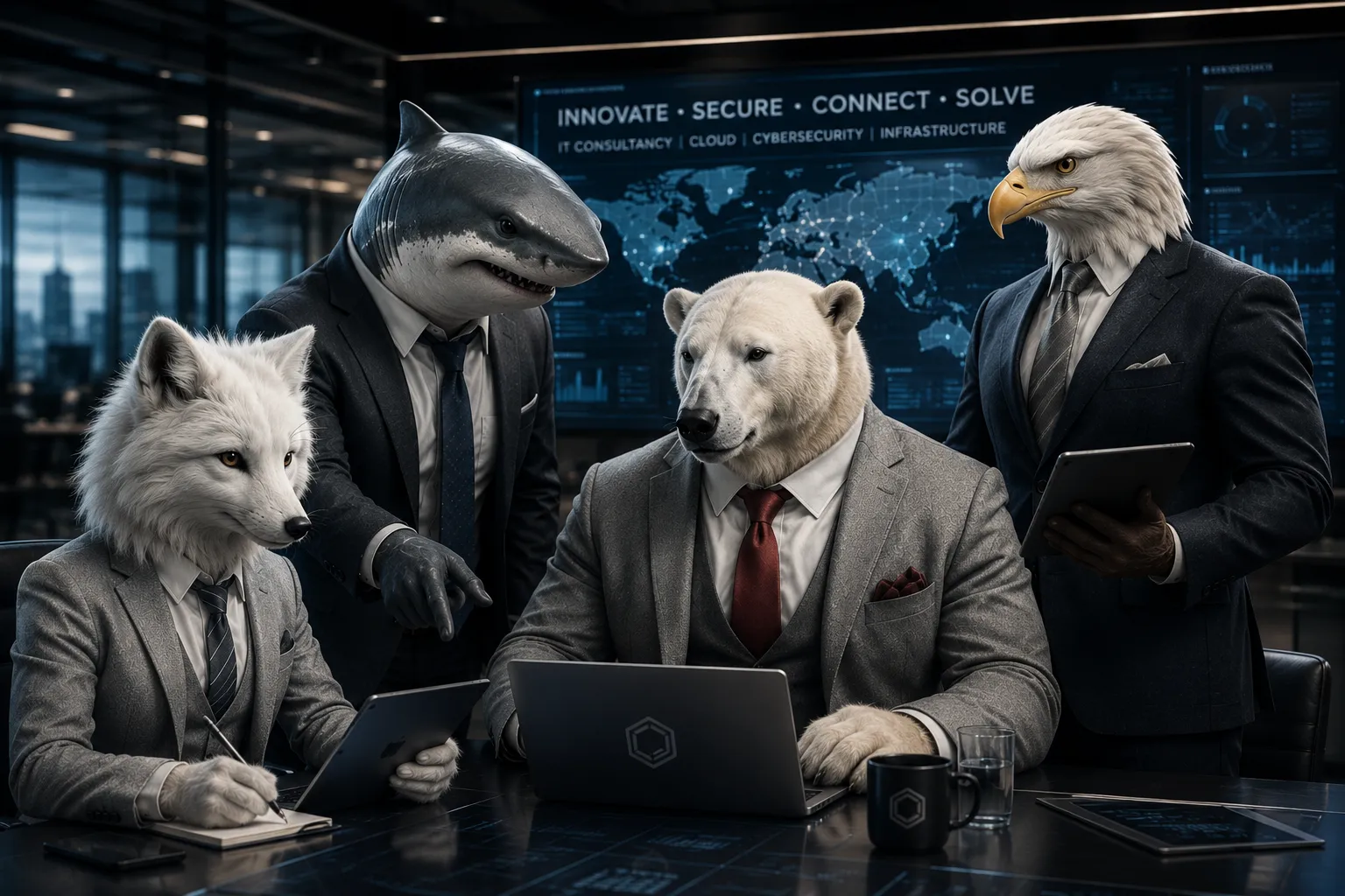 The FactorIT team mascots, Pascal, Frozen, Oracle and Nano, collaborating around a laptop